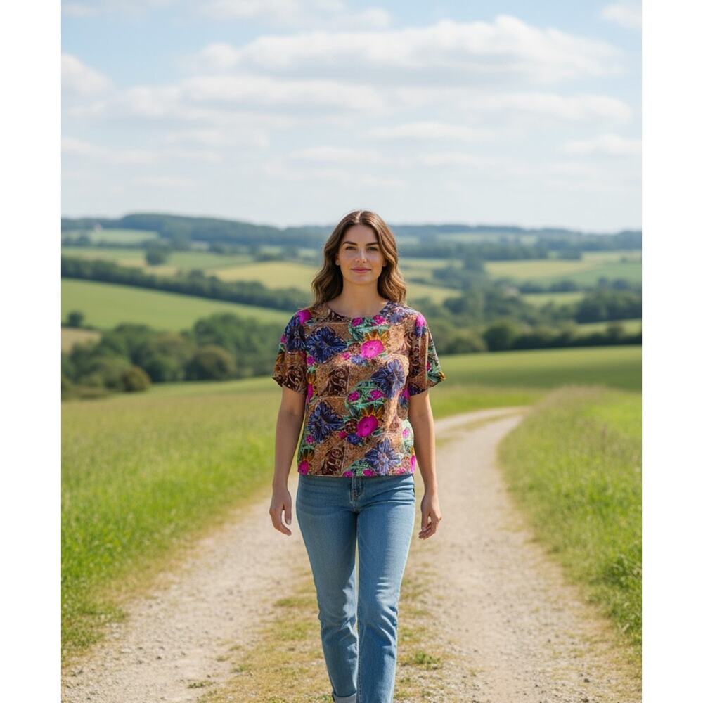 Vintage TESS Blouse Womens Medium Brown Floral 100% Silk Shoulder Pads Boho Top